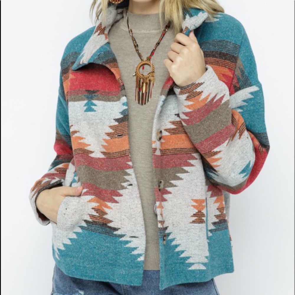 New Tribal Aztec Print Flannel Shacket Coat Jacket - Picture 5 of 11